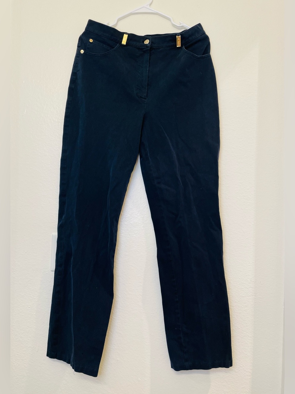St. John Sport by Marie Gray Navy Straight Legs Gold Hardware Pants Size 10